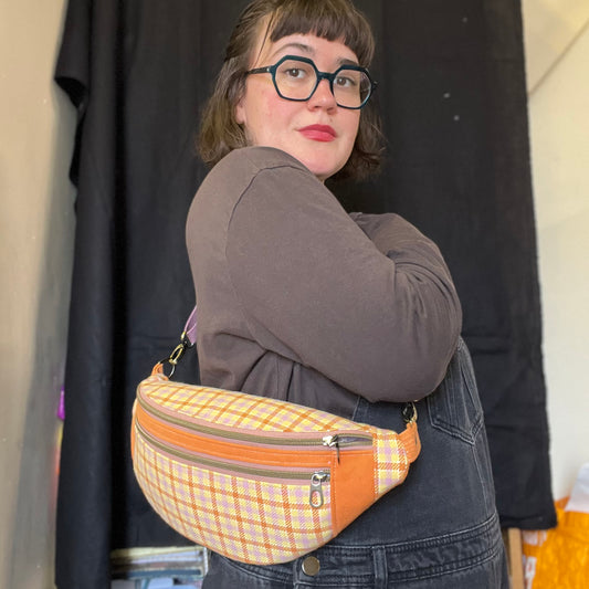 Upcycled Sustainable Orange Checked Sling Bag / Bum Bag | Streetwear and vintage inspired