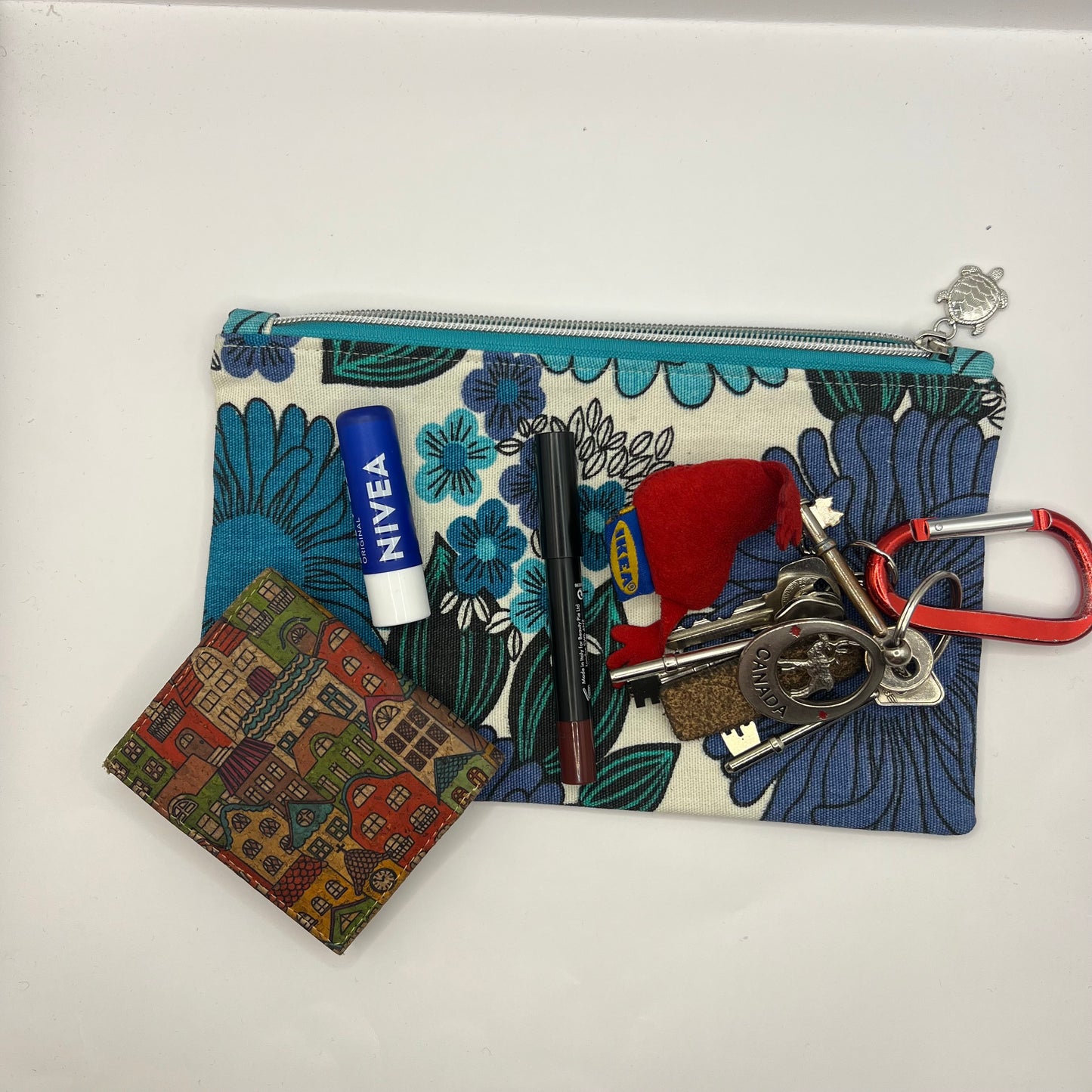 Handmade Upcycled Zipper Pouch - Bold Blue Florals