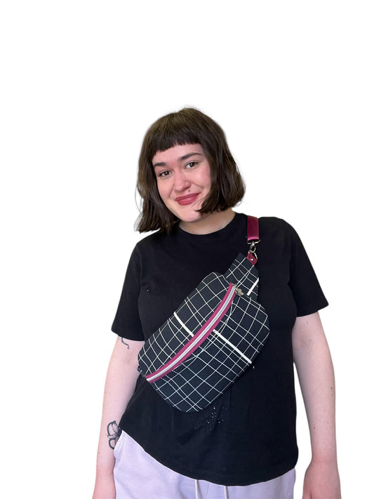 Upcycled Distorted Check Sling Bag, Sustainable Crossbody Accessory