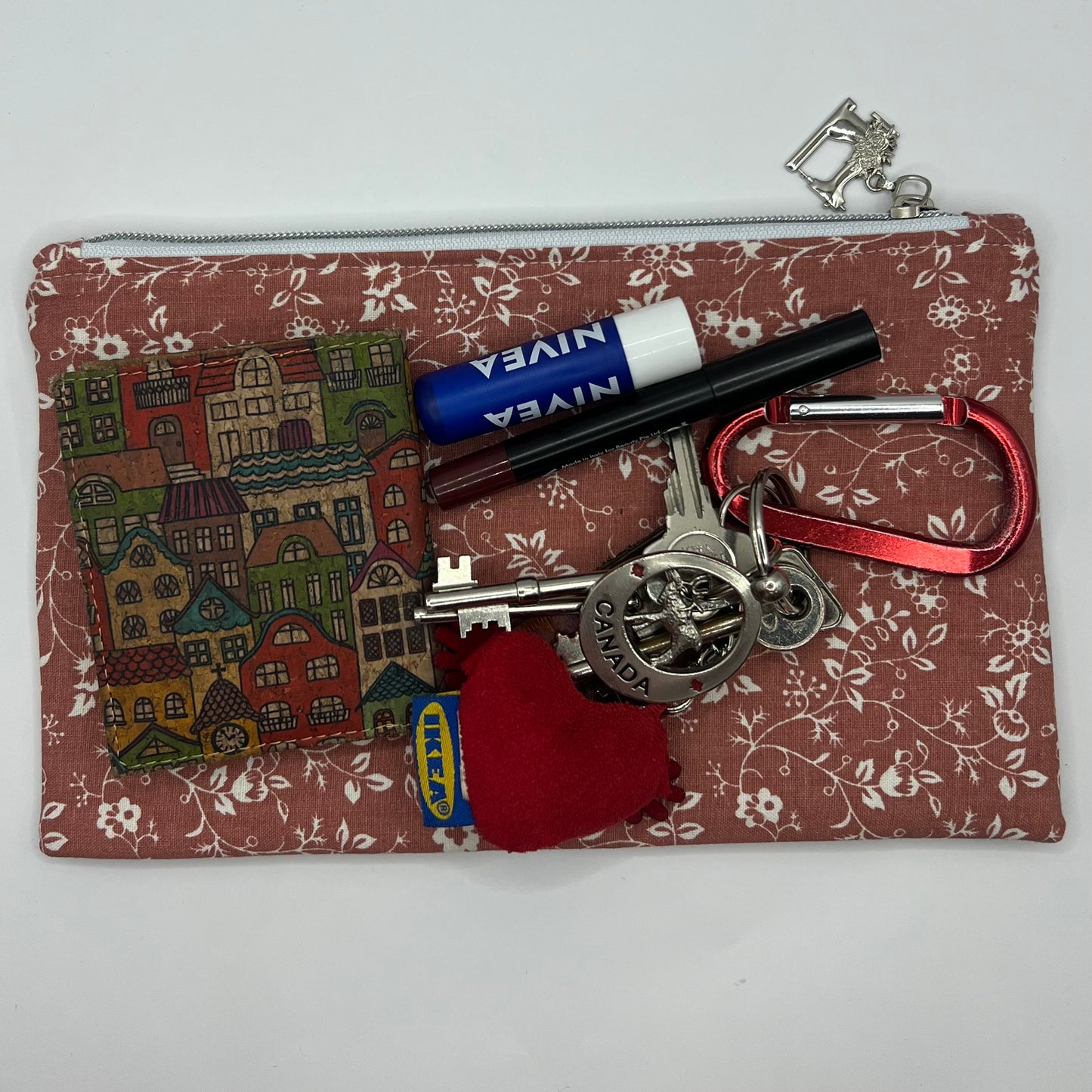 Handmade Upcycled Zipper Pouch - Coral Pink Florals