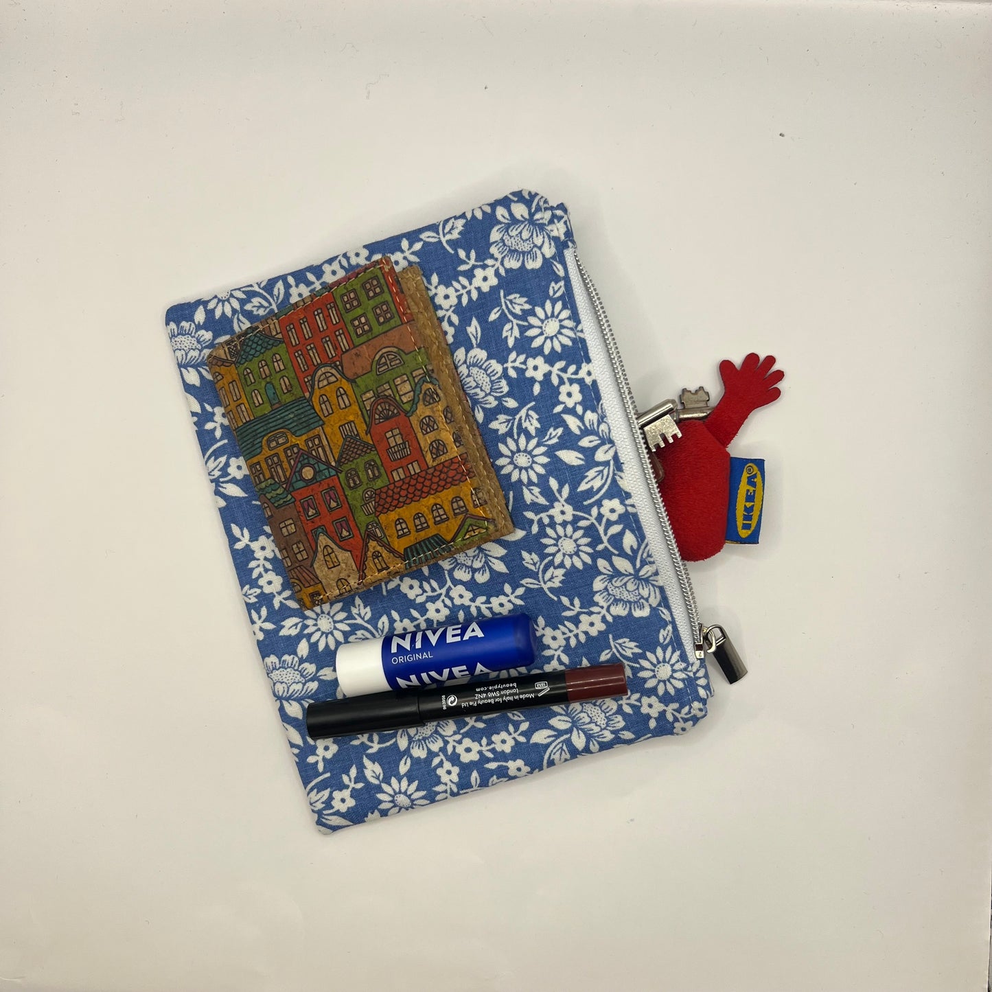 Handmade Upcycled Zipper Pouch - Blue Floral Print