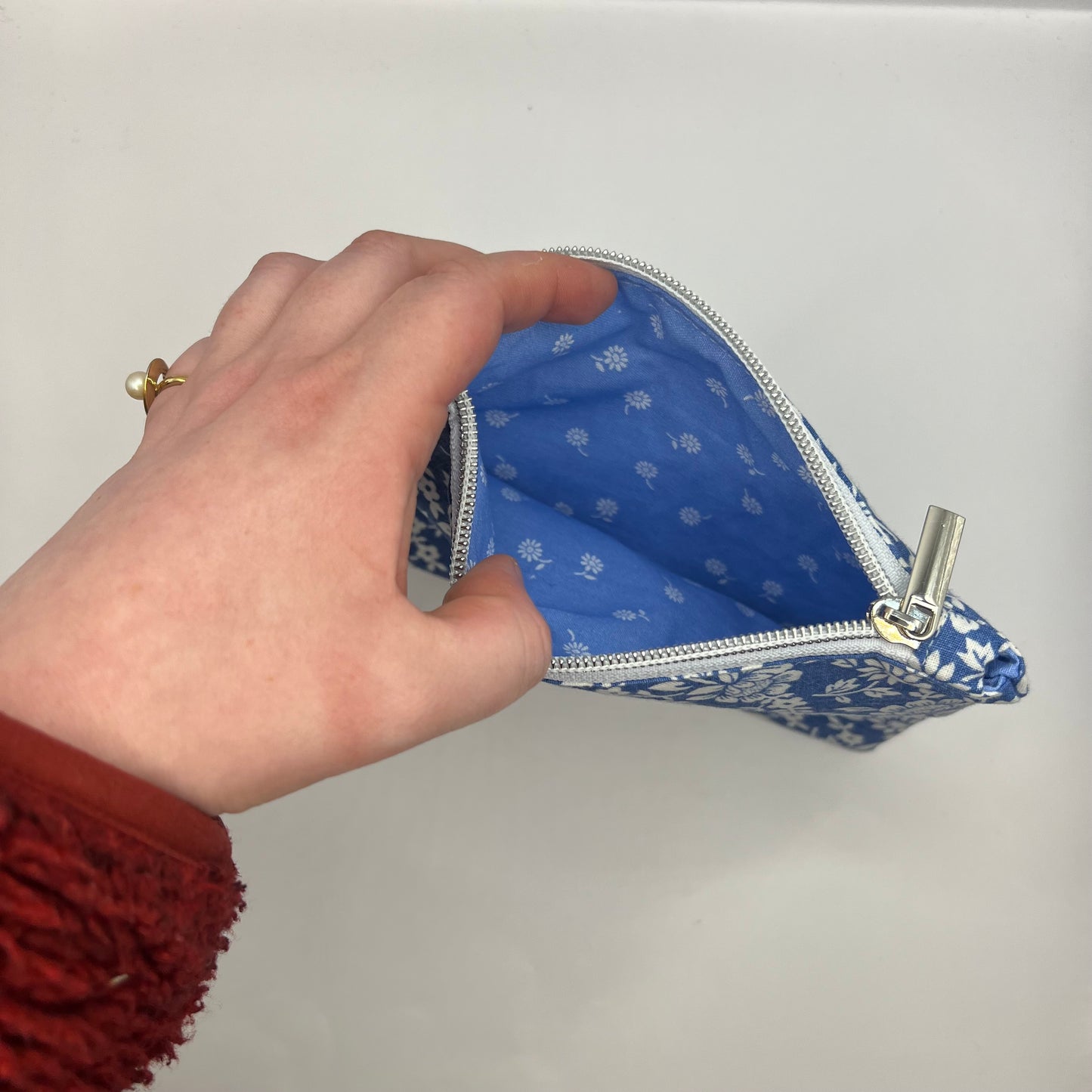 Handmade Upcycled Zipper Pouch - Blue Floral Print