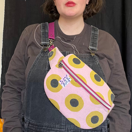 Upcycled Pink Yellow Retro Sling Bag, Vintage Inspired Streetwear Bum Bag