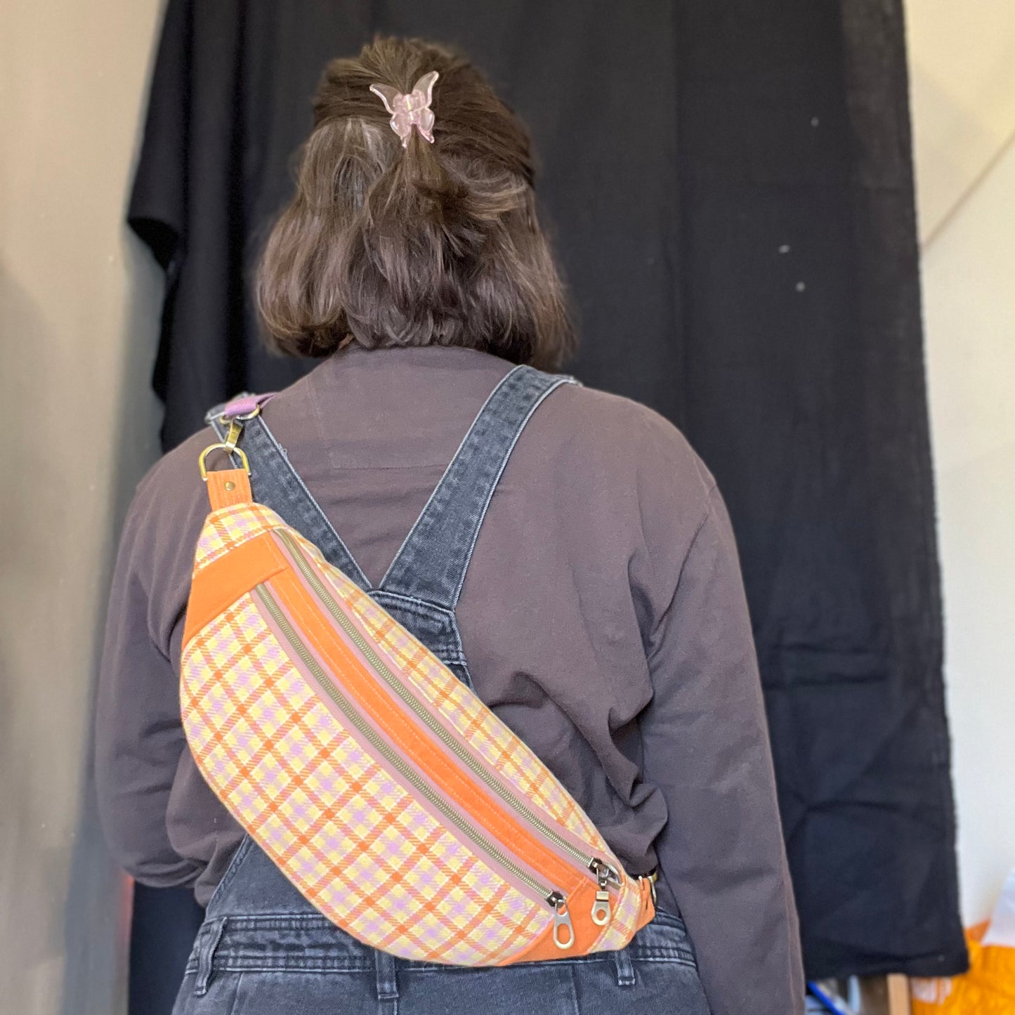Upcycled Sustainable Orange Checked Sling Bag / Bum Bag | Streetwear and vintage inspired