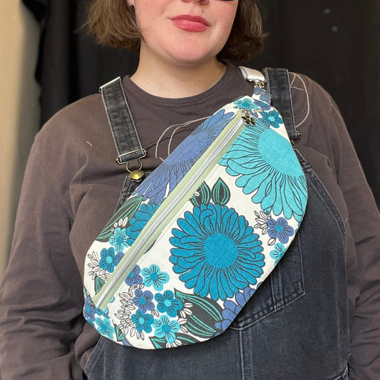 Sustainable Upcycled Blue Floral Sling Bag / Recycled fabric bum bag | vintage streetwear inspired