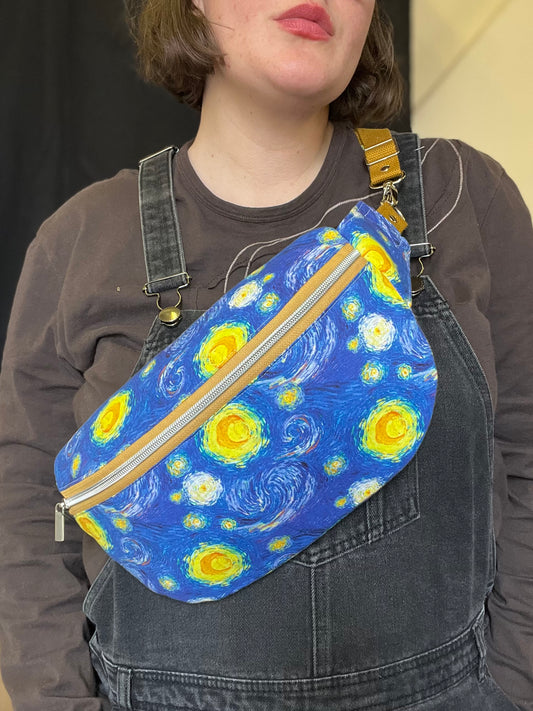 Upcycled Starry Night Sling Bag | Van Gogh Print Crossbody, Sustainable Fashion