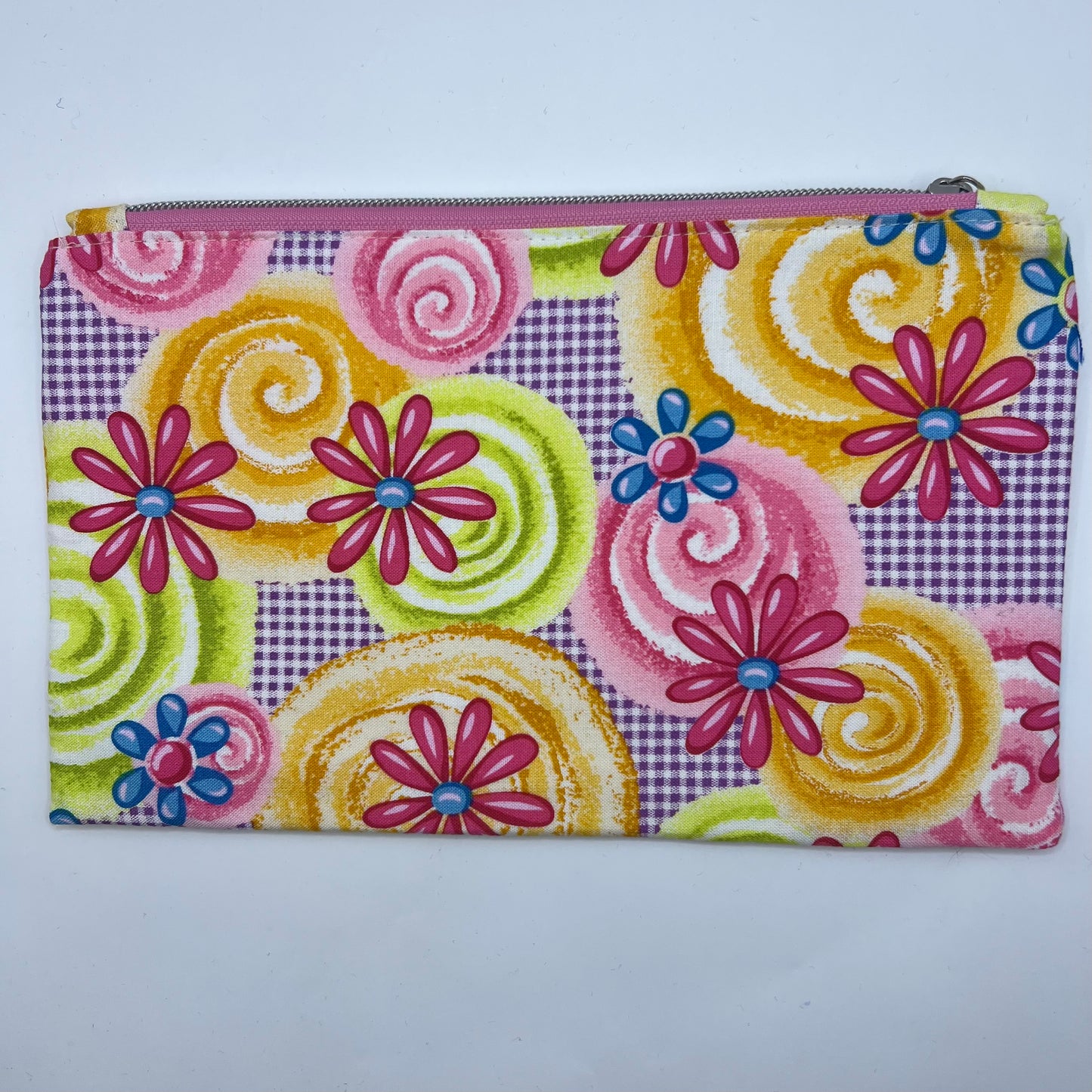 Handmade Upcycled Zipper Pouch - Gingham, Flowers, and Swirls