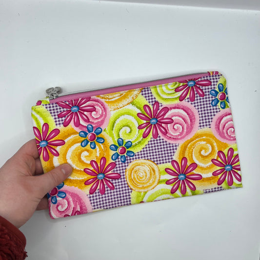 Handmade Upcycled Zipper Pouch - Gingham, Flowers, and Swirls