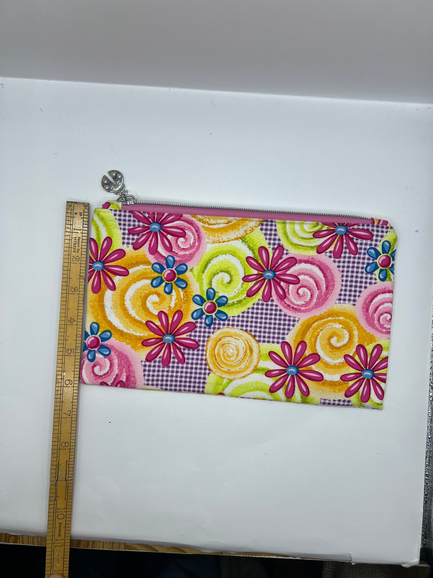 Handmade Upcycled Zipper Pouch - Gingham, Flowers, and Swirls