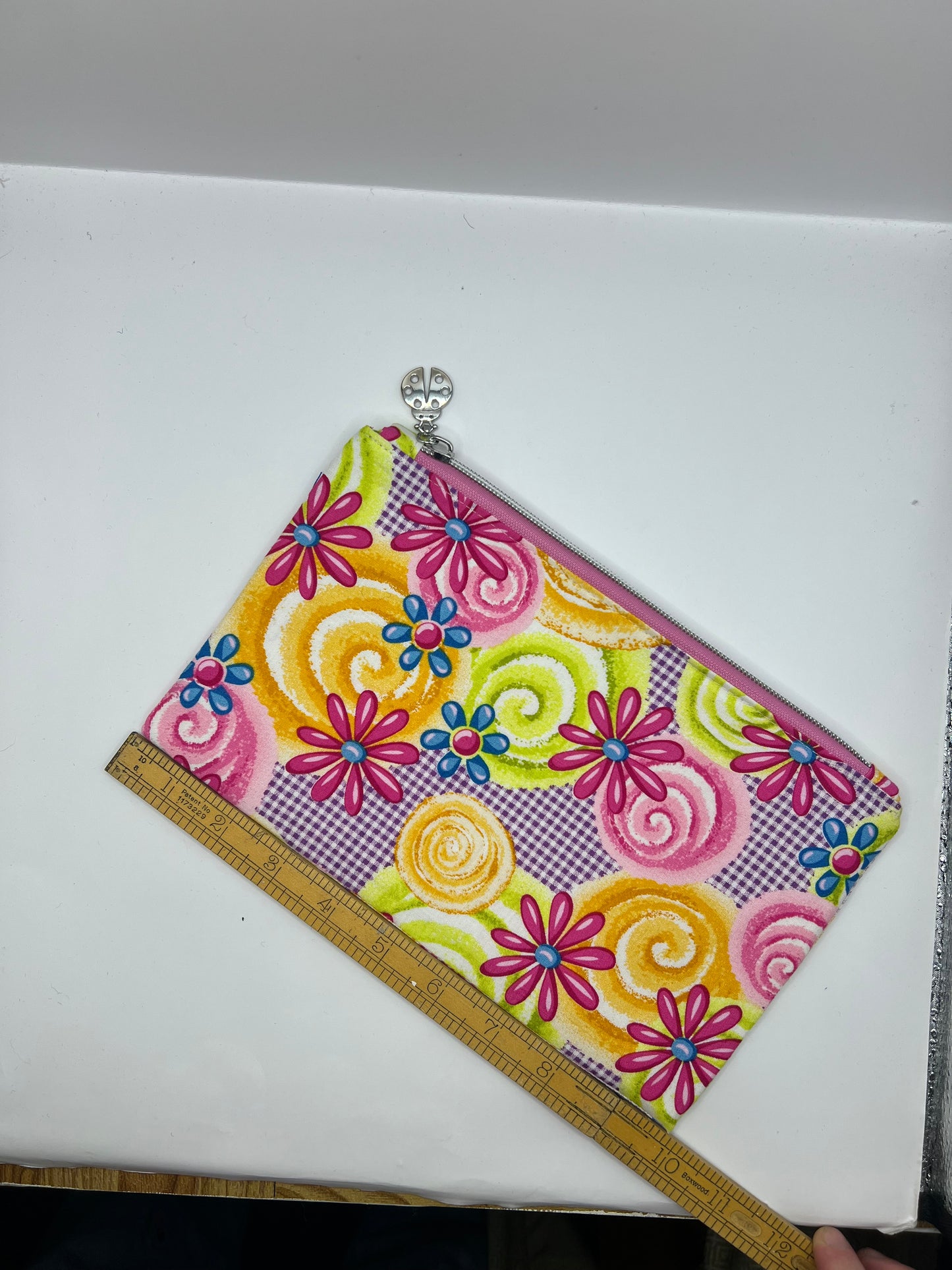 Handmade Upcycled Zipper Pouch - Gingham, Flowers, and Swirls