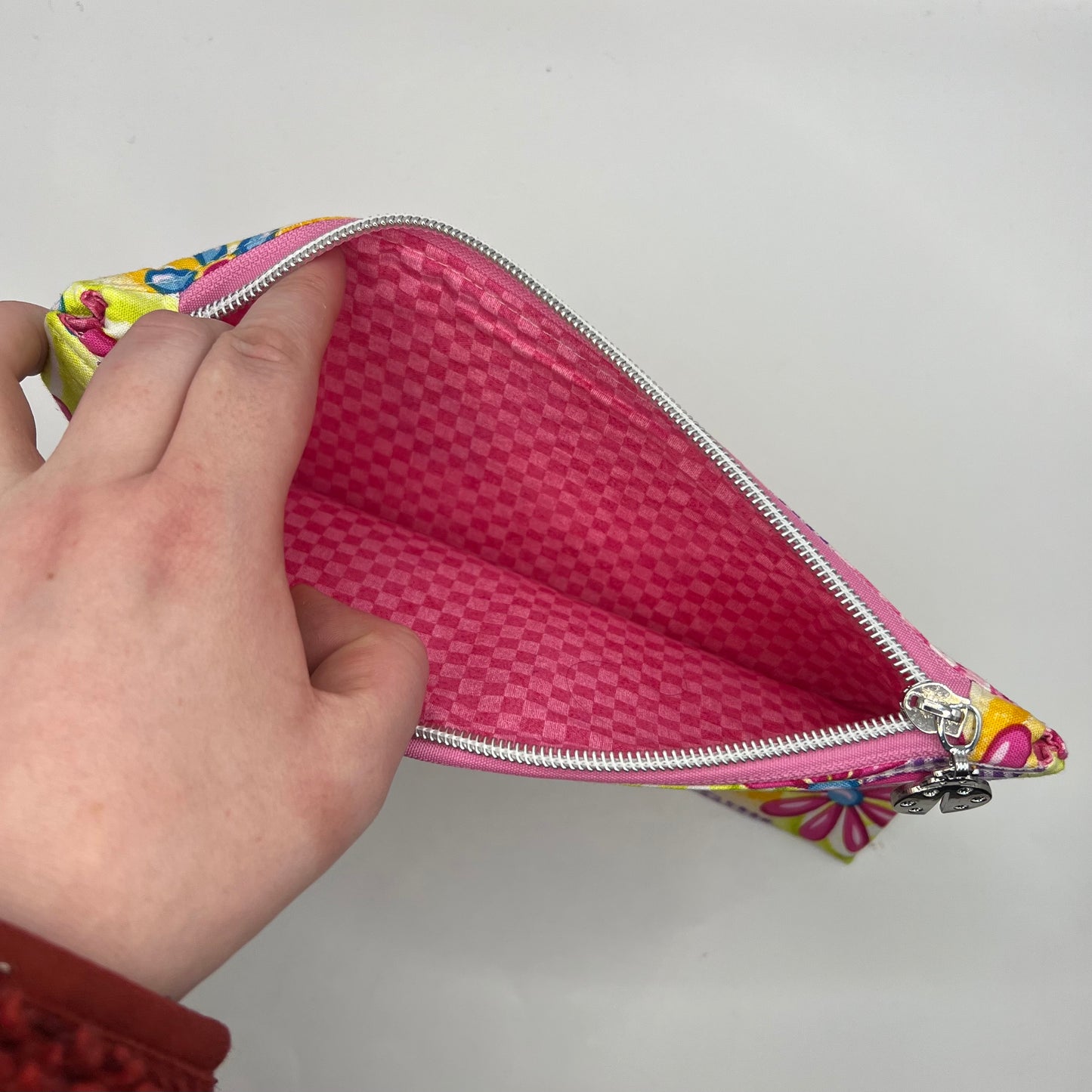 Handmade Upcycled Zipper Pouch - Gingham, Flowers, and Swirls