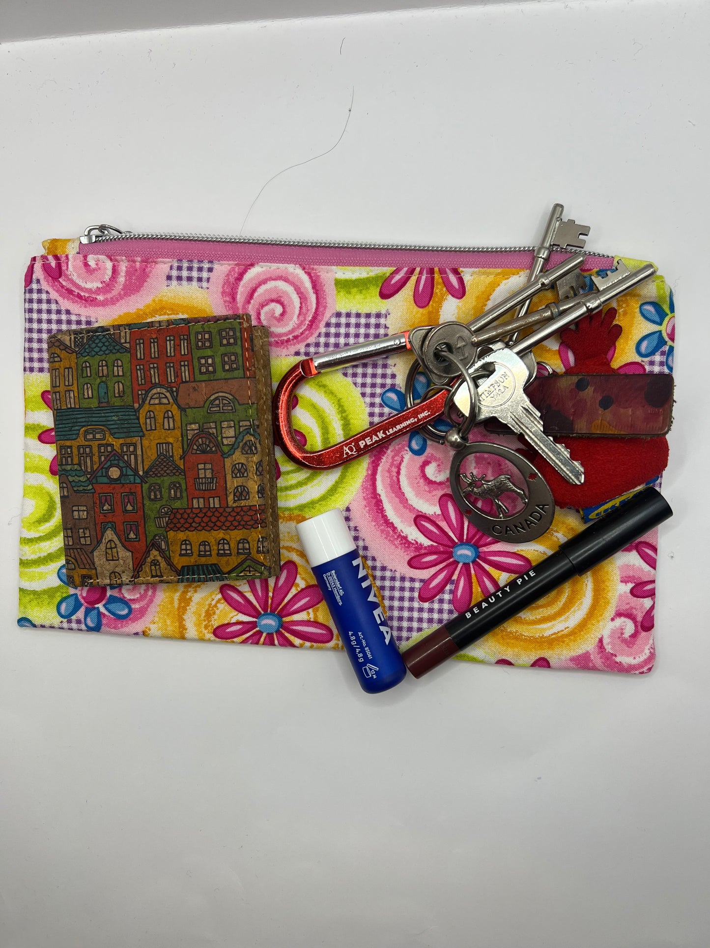 Handmade Upcycled Zipper Pouch - Gingham, Flowers, and Swirls
