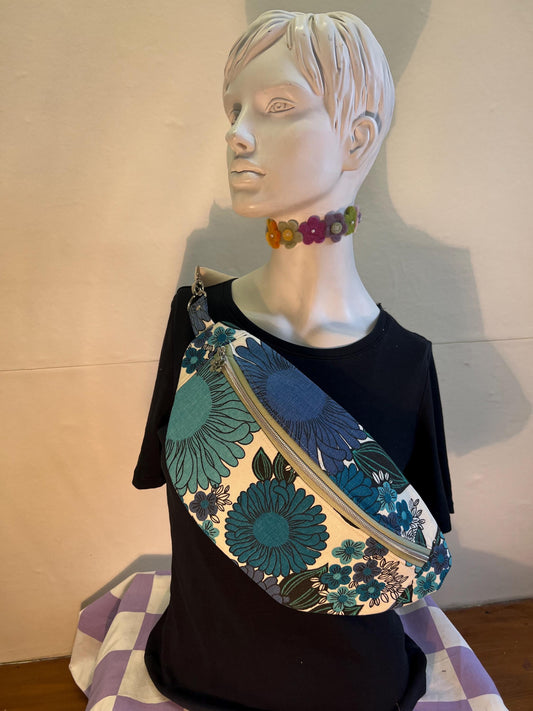 Sustainable Upcycled Blue Floral Sling Bag / Recycled fabric bum bag | vintage streetwear inspired