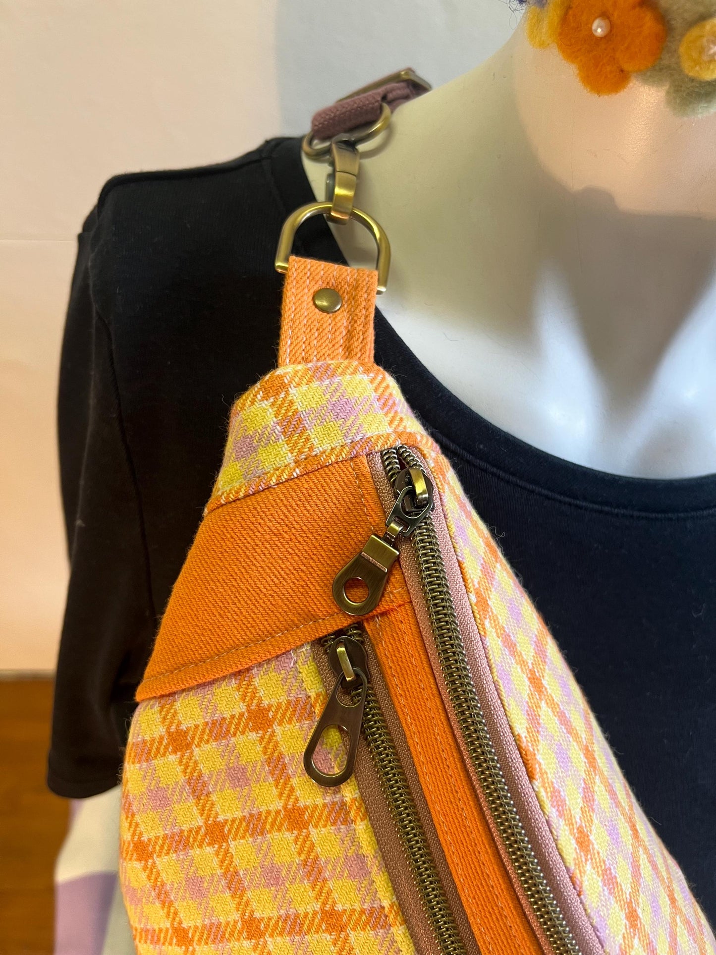 Upcycled Sustainable Orange Checked Sling Bag / Bum Bag | Streetwear and vintage inspired