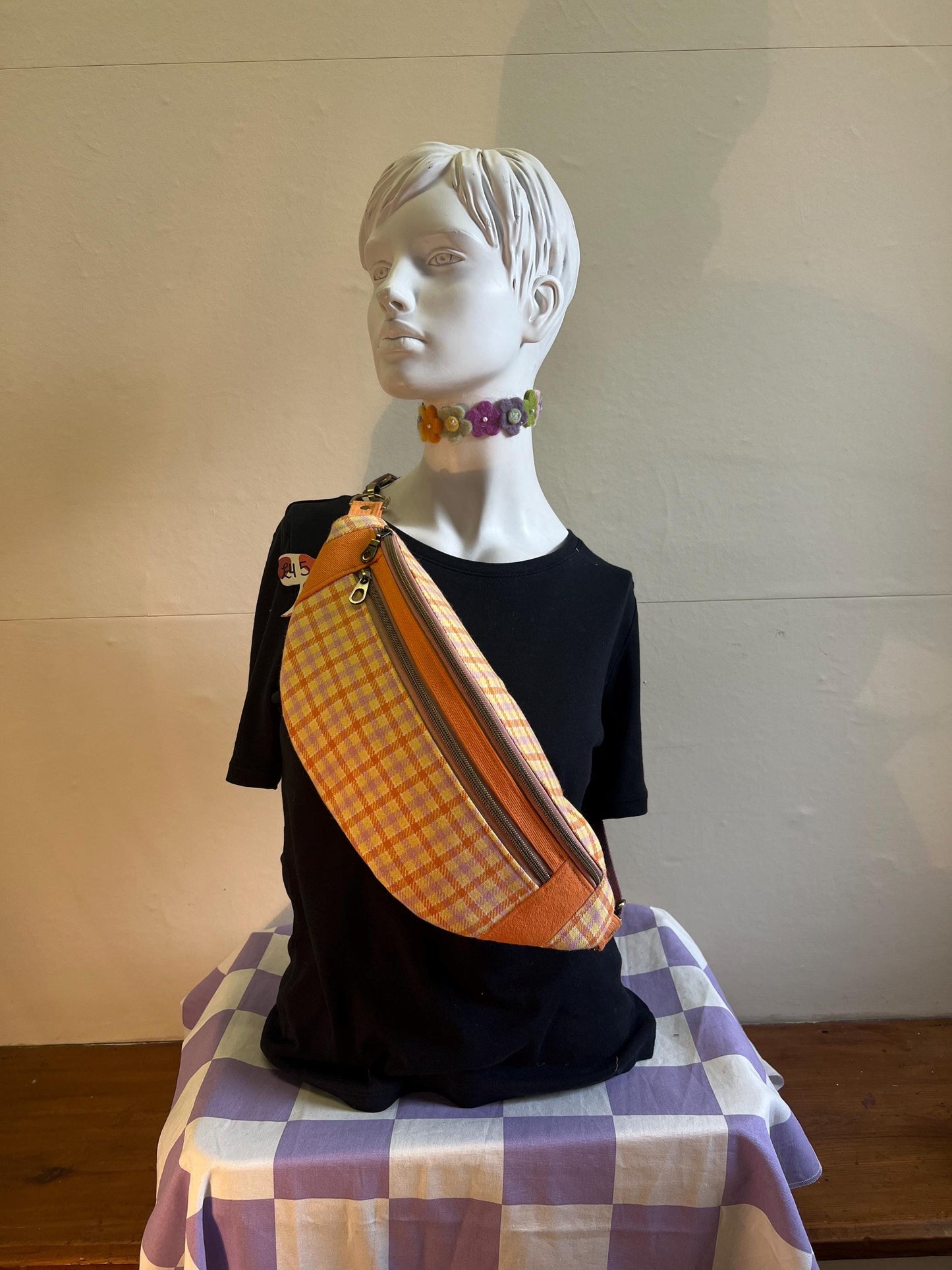 Upcycled Sustainable Orange Checked Sling Bag / Bum Bag | Streetwear and vintage inspired