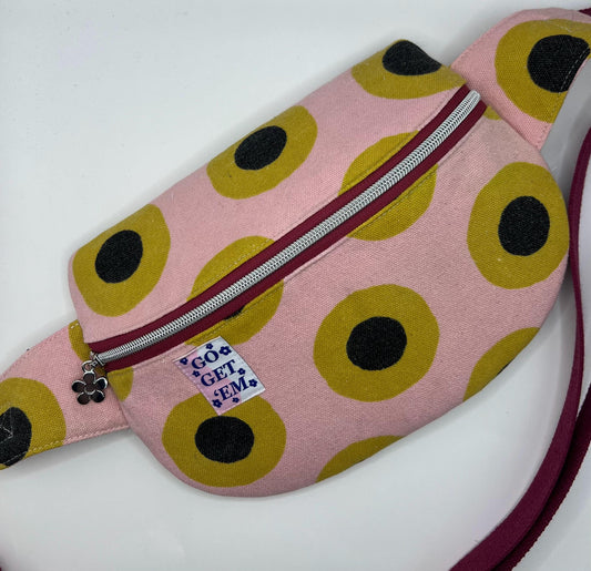 Upcycled Pink Yellow Retro Sling Bag, Vintage Inspired Streetwear Bum Bag