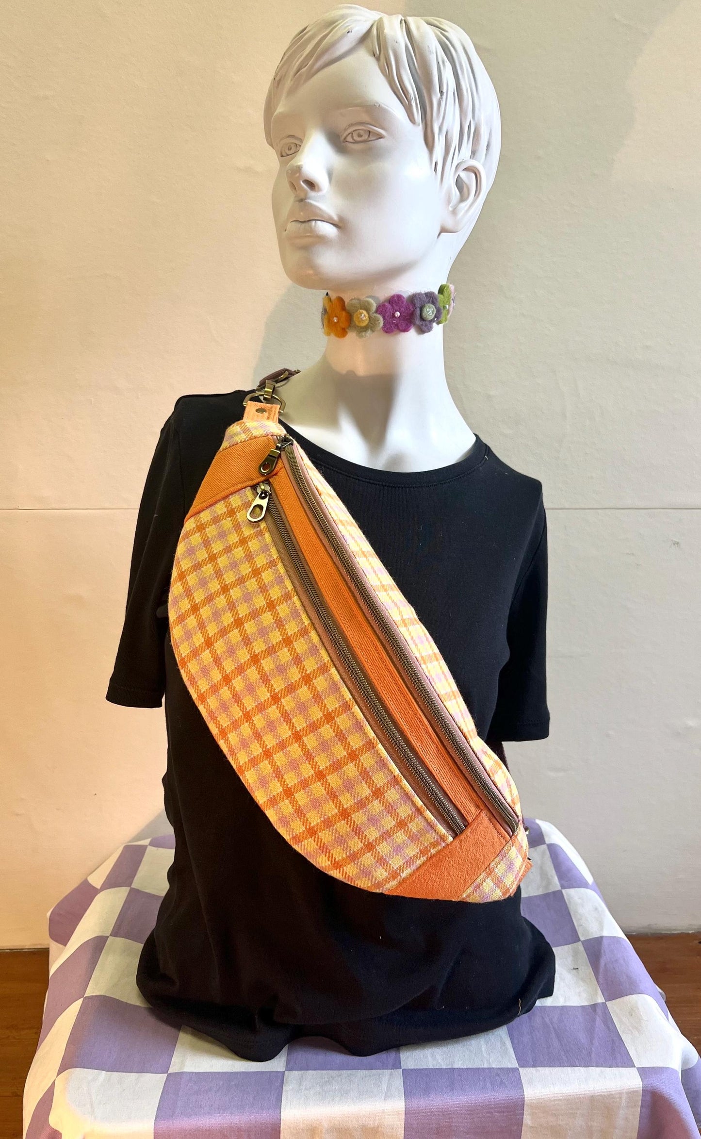 Upcycled Sustainable Orange Checked Sling Bag / Bum Bag | Streetwear and vintage inspired