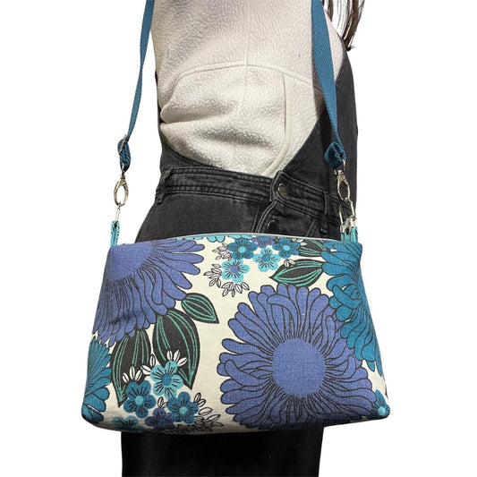 Blue Floral Boxy Shoulder Bag - Sustainable Bold Upcycled Crossbody Bag - Ethically Handmade