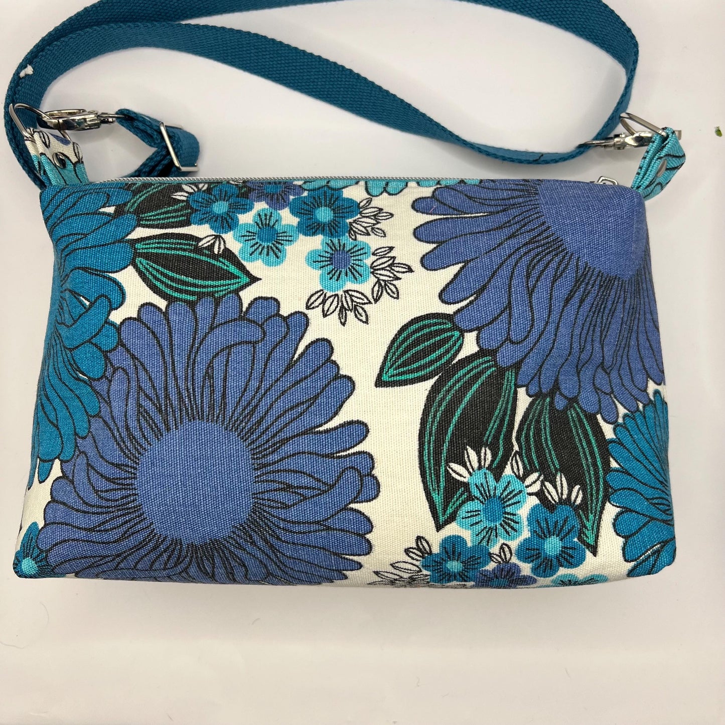 Blue Floral Boxy Shoulder Bag - Sustainable Bold Upcycled Crossbody Bag - Ethically Handmade
