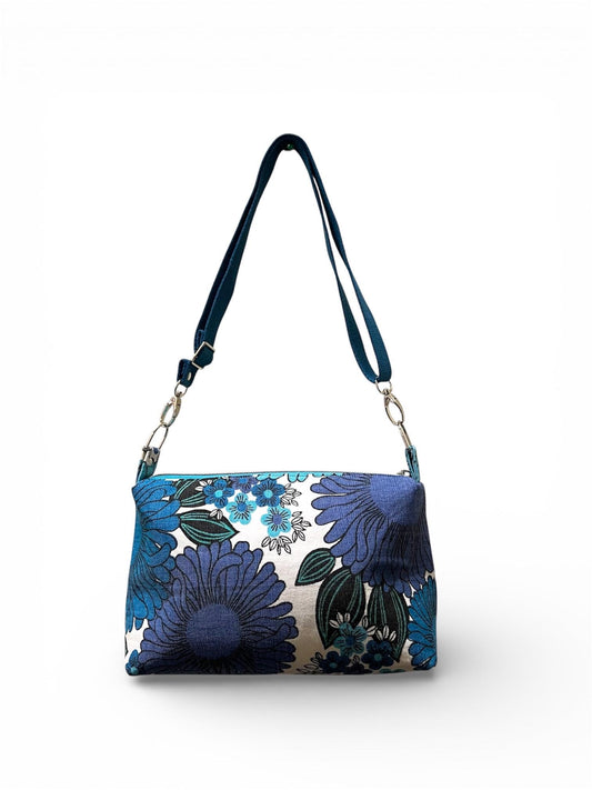 Blue Floral Boxy Shoulder Bag - Sustainable Bold Upcycled Crossbody Bag - Ethically Handmade