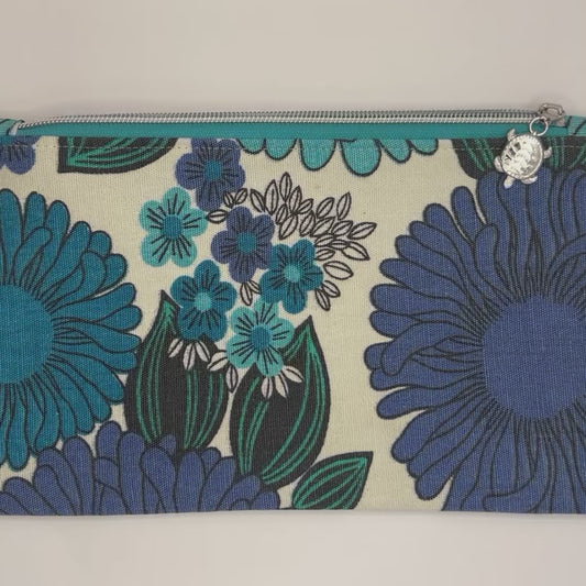 Handmade Upcycled Zipper Pouch - Bold Blue Florals